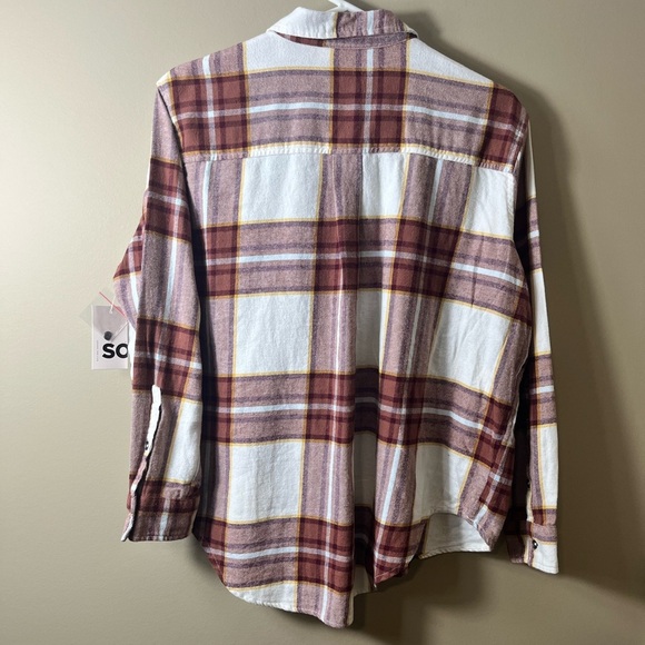 NWT SO Oversized Cotton Casual Comfy Button Down Plaid Shirt Size Small Rust - Picture 2 of 8